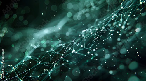 Abstract network connections with green particles and lines, representing data flow and digital communication. Futuristic technology background.