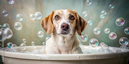Funny dog sitting in a bathtub, covered in soap bubbles, looking up at the camera with a surprised expression