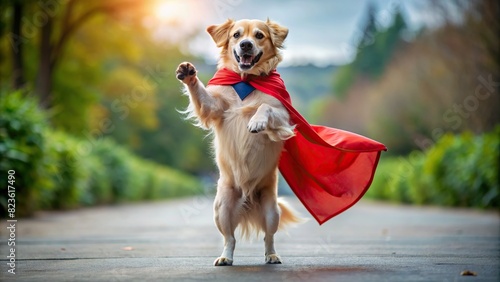 Funny dog dressed up as a superhero, standing on its hind legs, with a cape and mask, barking at the camera