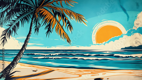 Pop art comic vintage tropical beach palm and sun landscapes poster background. Social media brochure magazine cover background.