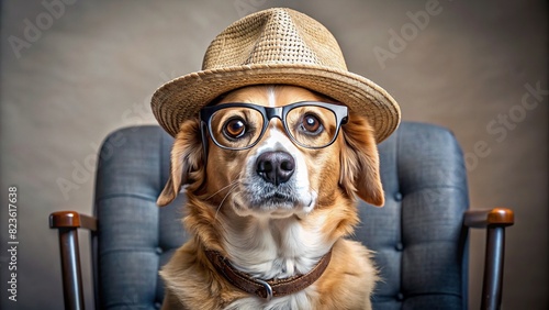 Funny dog wearing glasses and a hat, sitting on a chair, looking at the camera with a silly expression
