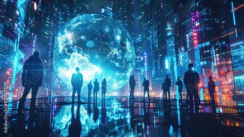 Global hologram, business people and digital transformation with scifi, cyberpunk or information technology light innovation background, Futuristic 3d background