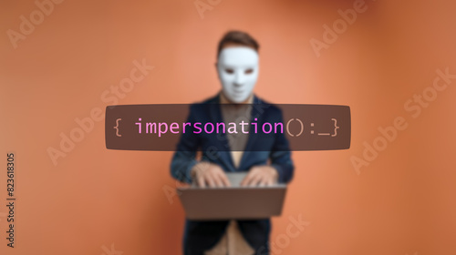 Cybersecurity concept impersonation on foreground screen, hacker silhouette hidden with low poly mask. Vulnerability and attack on colored code editor. Text in English, English text