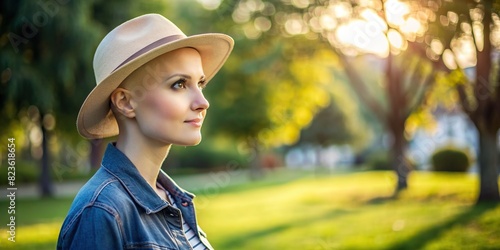 Jeune femme chauve en bonnet debout à l'extérieur dans le parc avec l'espace pour le texte sur le côté