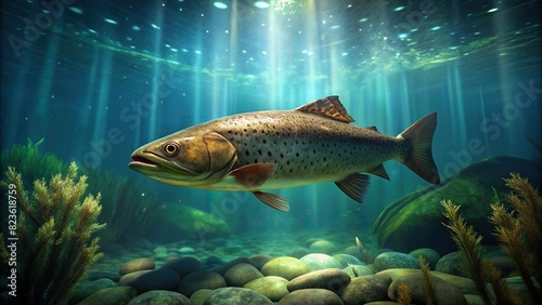 Long shot of single brown trout (Salmo trutta fario) swimming in slow motion in large aquarium
