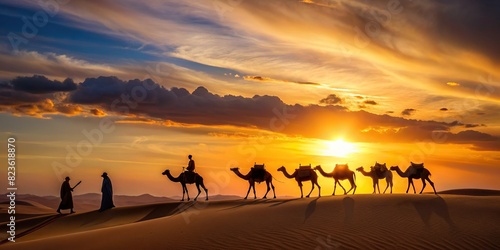Majestic sunrise scene in Sahara desert with a silhouetted camel caravan and a Berber man in the distance 