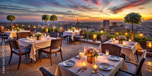 Romantic roof top dining terrace with candlelit tables, overlooking a cityscape at sunset, celebrating a special occasion