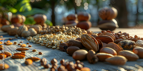 Various nuts and snacks arranged neatly on a wooden table.