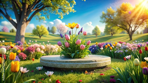 Vibrant 3D render of a spring scene with colorful flowers, lush green grass, and a stone podium for product placement