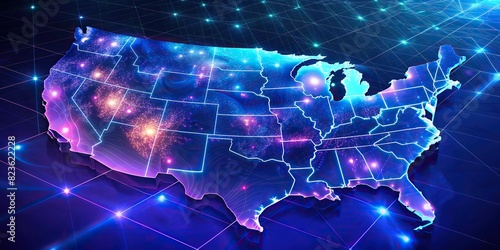 Vibrant digital map of the United States depicting the seamless flow of data, communication, and information across the nation 