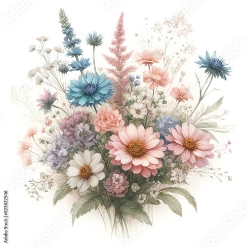 A watercolor painting of a bouquet of flowers. The flowers are mostly pink, white, and blue, with some green foliage. The bouquet is tied together with a pink ribbon.