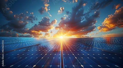 Sprawling Solar Energy Farm at Breathtaking Sunset Illuminating the Boundless Countryside