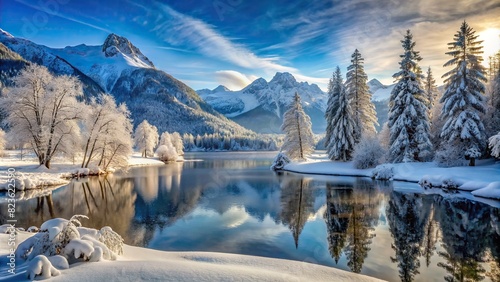 Winter landscape with snow-covered trees, frozen lake and mountains