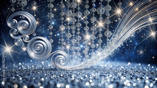 A cascade of silver glitter swirls and spirals flow downwards, resembling a sparkling waterfall