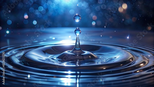 A close-up view of a single raindrop hitting the surface of water, creating ripples