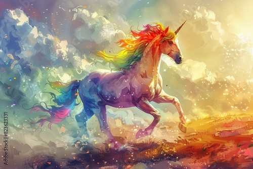 A majestic rainbow unicorn with a mane and tail in pride colors, trotting through a dreamy landscape with soft clouds and a bright, radiant sun Watercolor, Pastel colors, Soft brushstrokes