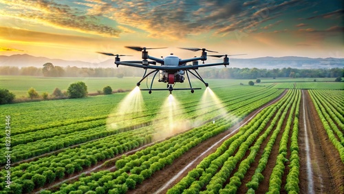 A drone flying over a field of crops, spraying fertilizer