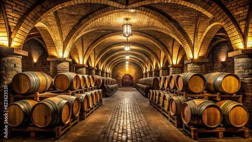 A dimly lit wine cellar with arched brick ceilings and rows of wooden barrels stacked high against the walls. The air is thick with the scent of oak and wine