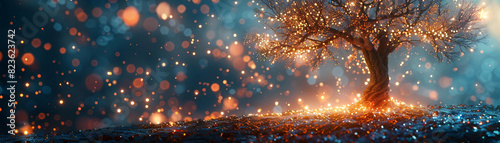 Magical tree illuminating a mysterious forest at night with glowing orbs and a dreamy, fantasy atmosphere.