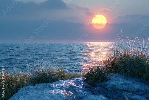 Serene sunset over a tranquil ocean, viewed from a rocky coastline with tall grass, creating a peaceful and calming scenic landscape.