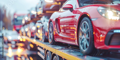 Red sports cars being transported on a truck during a rainy day. Bright headlights and blurred background emphasize motion and speed