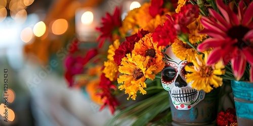 Colorful Day of the Dead altar with marigolds sugar skull makeup traditional decor. Concept Day of the Dead Celebration, Colorful Decor, Marigold Flowers, Sugar Skull Makeup, Traditional Altar