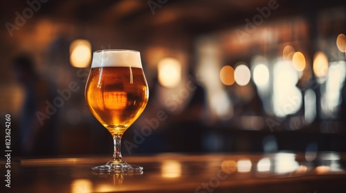Close-up of a glass of beer with a blurred bartender and bar in the background.