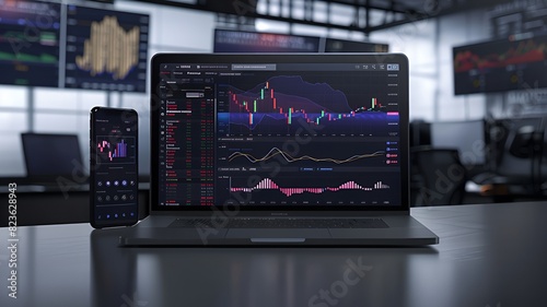 Modern stock exchange statistic chart diagram scene show in laptop and smartphone screen, forex trading market analysis monitor display background, generative ai