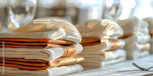 Neatly folded white napkins on clean background for catering or event planning. Concept Event planning, Table setting, Catering, White napkins, Clean background