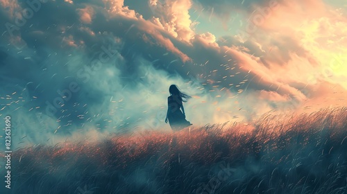 Girl standing in the wind, huge wilderness, super distant perspective, soft gradient colors, abstract art, silence, loneliness, full of extreme emotions