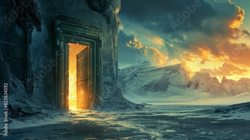 Mystical door in the night sky.