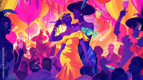 A vibrant illustration depicting a drag brunch event, with performers entertaining the crowd with lipsync performances and comedy