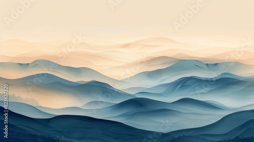 An abstract wilderness scene with fluid lines and gentle hues, depicting the expanse and solitude of uncharted territories. This minimalist design focuses on simplicity, using soft colors and shapes