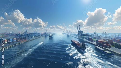port located in a deep water harbor, with large container ships and extensive docking facilities, under a clear, sunny sky, in a photorealistic style. --ar 16:9 