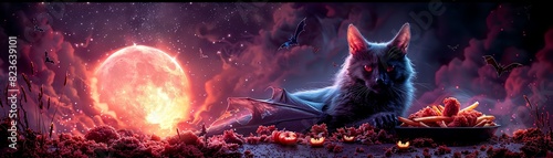 Gothic illustration of a bat lying down with a tray of spookythemed fried chicken and fries The background is a dark violet, providing space for text
