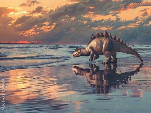 Stegosaurus Wading in Tranquil Pastel Hued Coastal Sunset