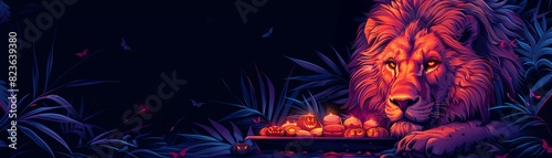 Gothic illustration of a lion lying down with a tray of spookythemed snacks The background is a dark violet, providing space for text