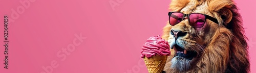 Cartoonish illustration of a lion wearing sunglasses and holding a giant ice cream cone The background is a bold pink, with lots of room around the lion for text