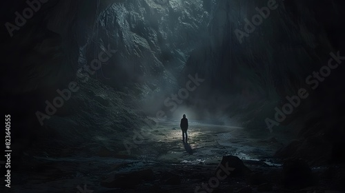  the stage with a background of impenetrable darkness, where a lone figure emerges, illuminated by a faint glimmer. Capture the essence of solitude and introspection amidst the shadows.