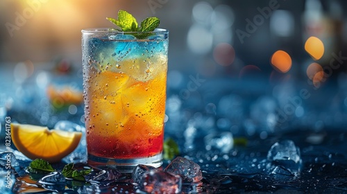 A tall glass of iced drink with lemon and mint, surrounded by crushed ice and bokeh light effect