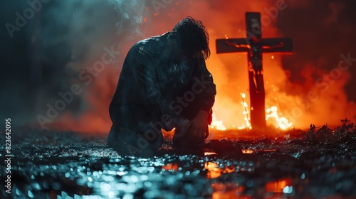 An emotional, rain-soaked person kneels before a burning cross in a scene filled with despair and religious connotations