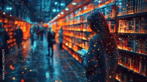 A woman in a coat stands in an illuminated library with glowing shelves, creating a magical and studious atmosphere