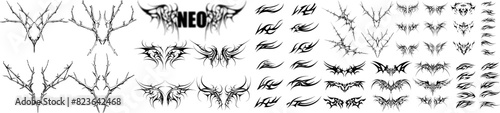 Collection of various tribal and barbed wire tattoo designs in black and white, showcasing intricate and symmetrical patterns. Ideal for tattoo artists streetwear etc vector illustration set