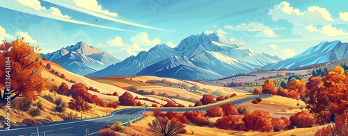 A panoramic view of the mountains, golden plains and winding roads in autumn, in the vector illustration style, a flat painting, colorful, high resolution image with bright colors in a cartoonish styl