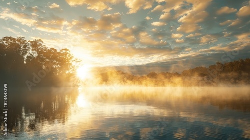 A tranquil lake with mist rising off the surface at sunrise.