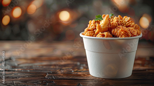 white plain bucket filled with fried chicken for mockup on wooden table 