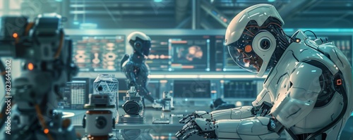 Illustrate a detailed scene of engineers working on futuristic robotics and AI, highlighting advanced technology and innovation, dynamic, blend mode, hightech lab backdrop