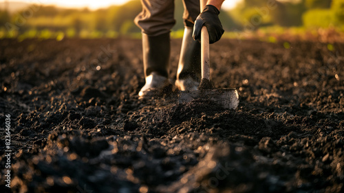 Um agricultor espalha biochar, uma forma de carvão utilizado para aumentar o armazenamento de carbono no solo, num campo. A luz solar do final da tarde destaca a textura do biochar contra o solo