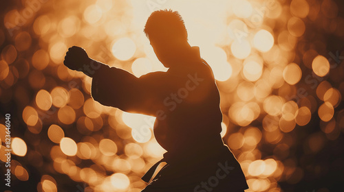 Uma imagem em close de um artista marcial em uma pose dinâmica, executando um kata ou forma, sua silhueta contrastando com o sutil efeito bokeh das luzes do dojo