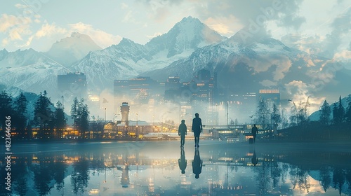 A couple is walking on a lake in front of a city